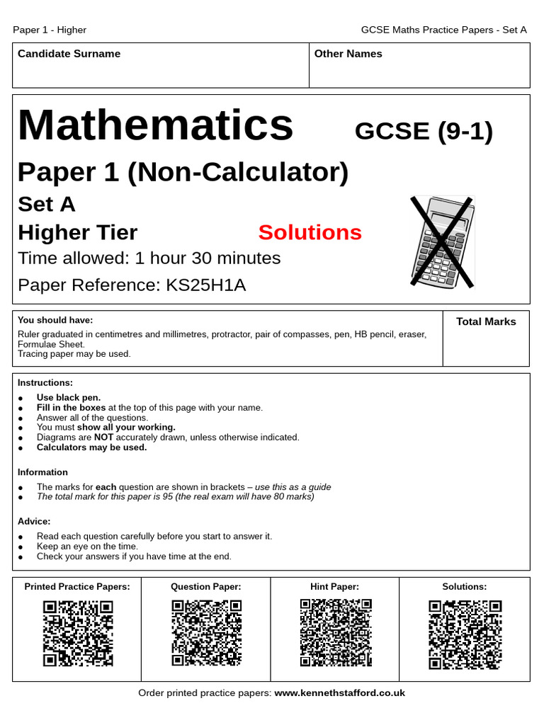 Higher GCSE Maths Paper 1 Solutions | PDF