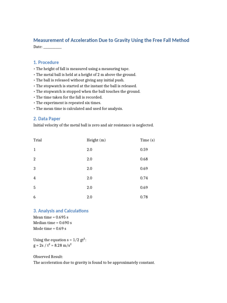 Measuring Gravity via Free Fall Method | PDF