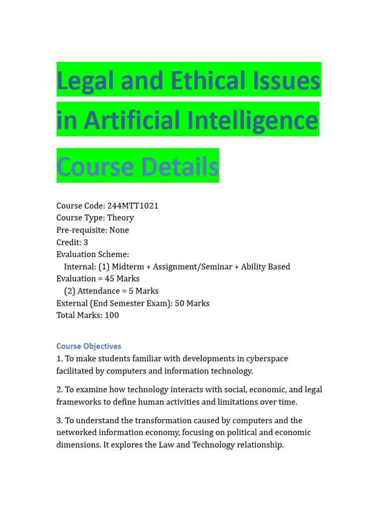 Legal and Ethical Issues in AI Course | PDF | Artificial Intelligence ...