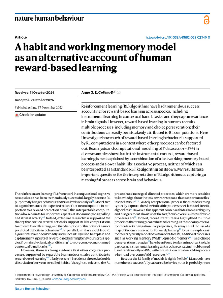Habit and Memory in Reward Learning | PDF | Learning | Prediction