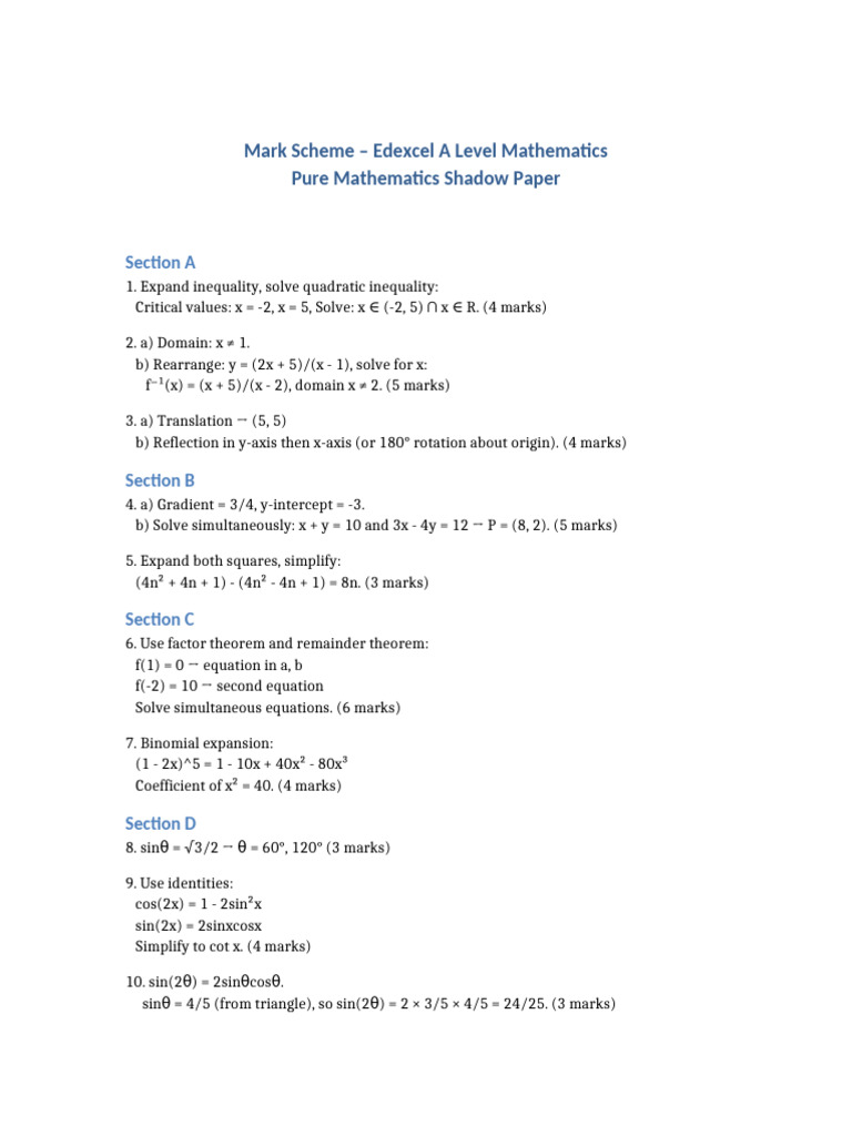 Edexcel A Level Maths Mark Scheme | PDF