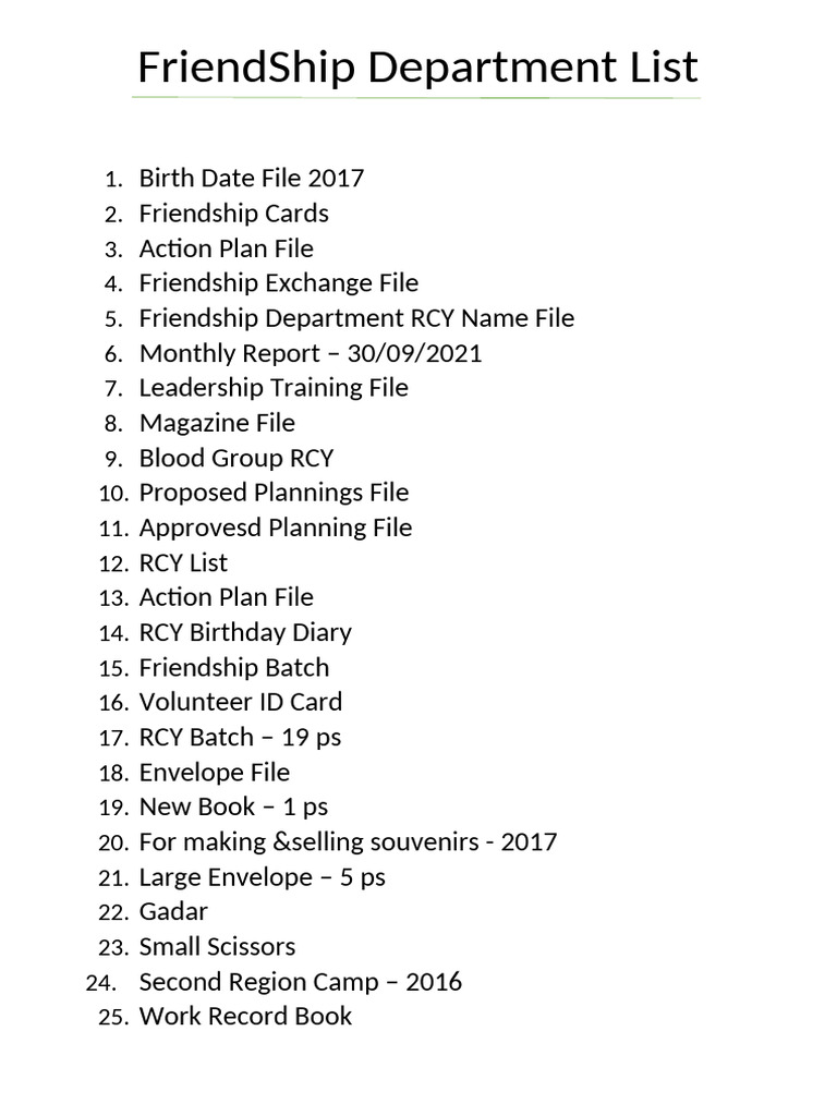 Friendship Department Document List | PDF