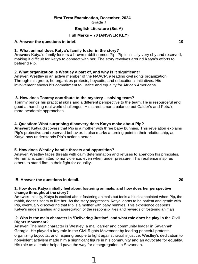 Grade 7 English Literature Exam Answers | PDF | Nonviolence