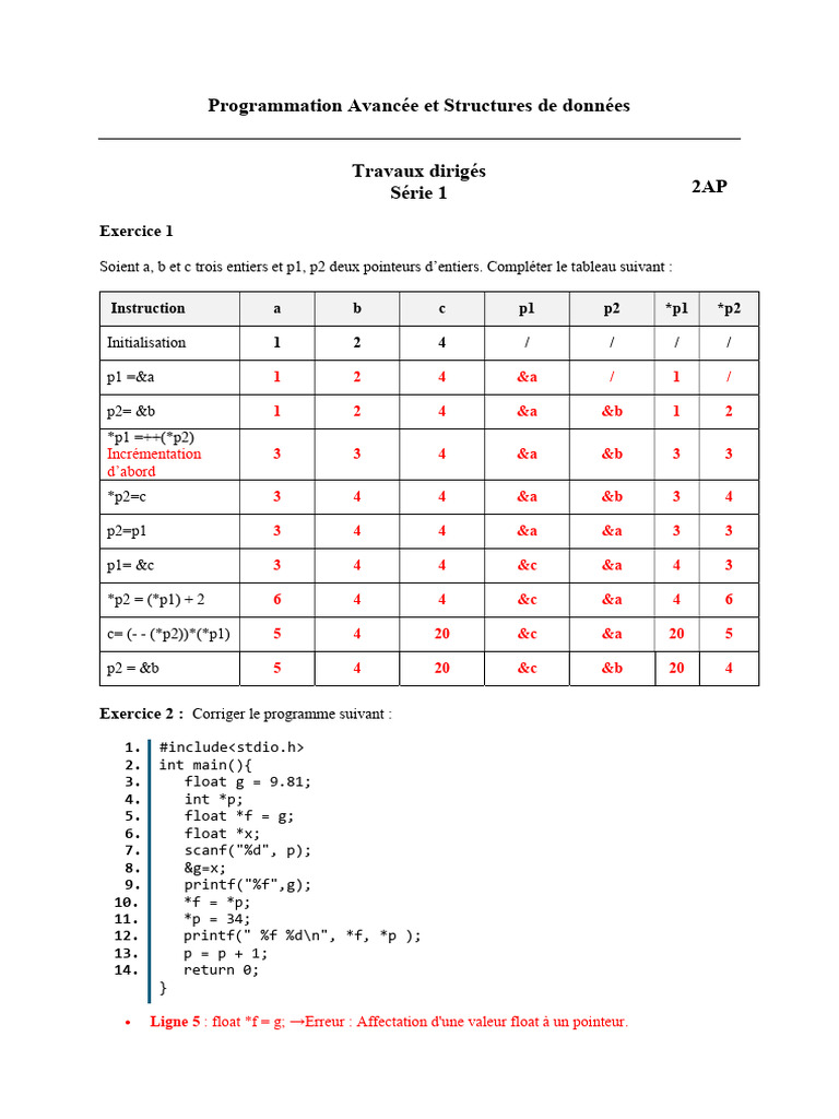 Programmation Avancée : Pointeurs et Corrections | PDF | Pointeur ...