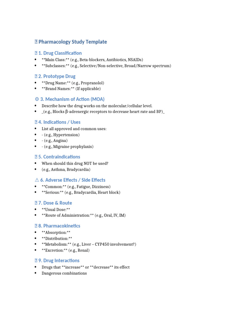 Pharmacology Study Guide Template | PDF