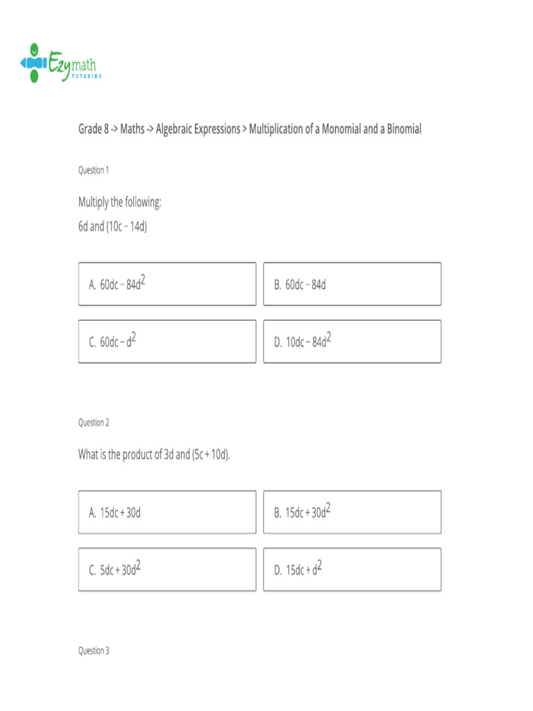 Year 8 - Maths Worksheet - Algebraic Expressions - Multiplication of a ...