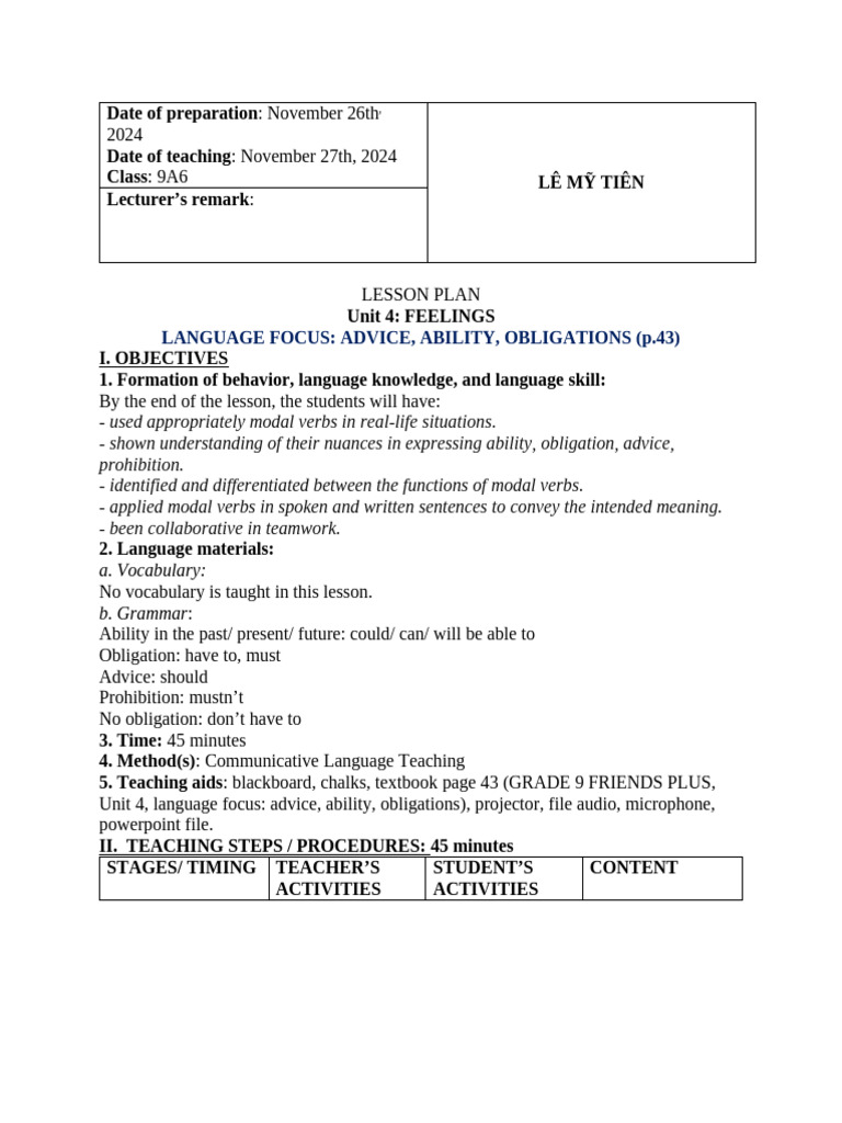 LeMyTien GA9 Unit4Languagefocus 9A6 | PDF | Verb | Learning
