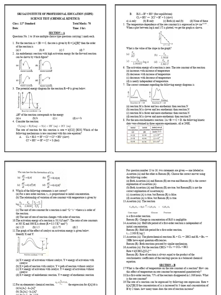 Chemical Kinetics Test for 12th Grade | PDF | Reaction Rate | Chemical ...