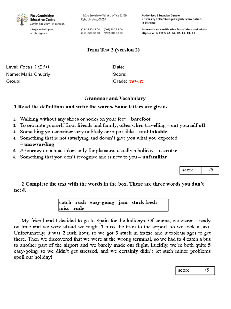 (Template) Focus 3 New Term Test 2 - Version 2-3 | PDF