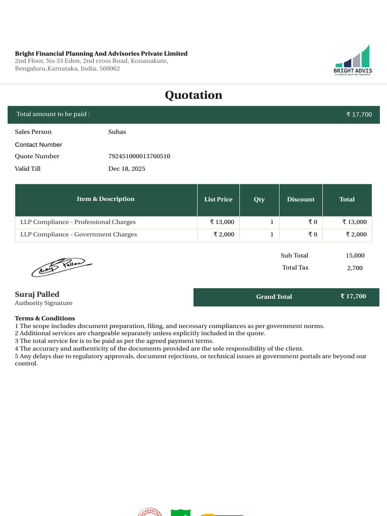 LLP Compliance Quotation - ₹17,700 | PDF