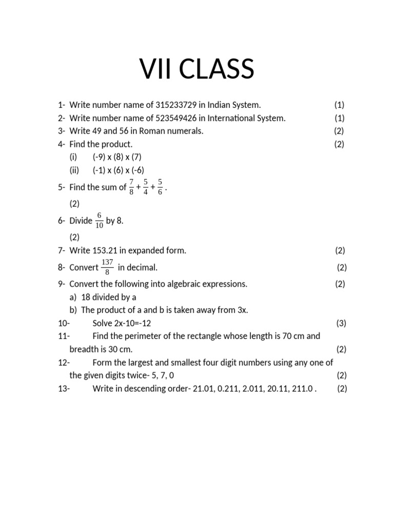VII Class Math Exercises and Solutions | PDF