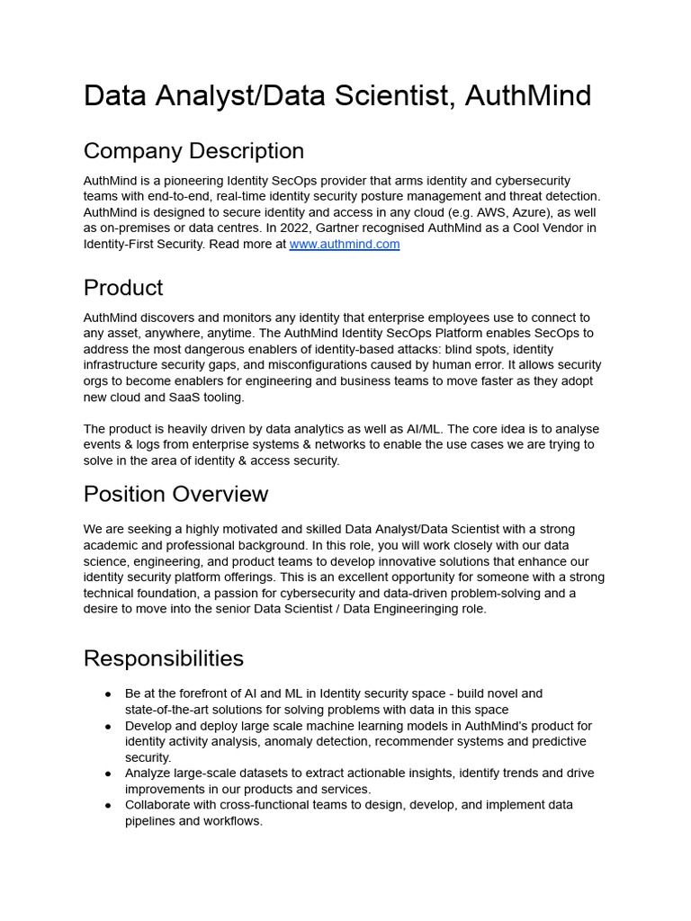 JD - Data Analyst_Data Scientist, AuthMind | PDF | Machine Learning ...