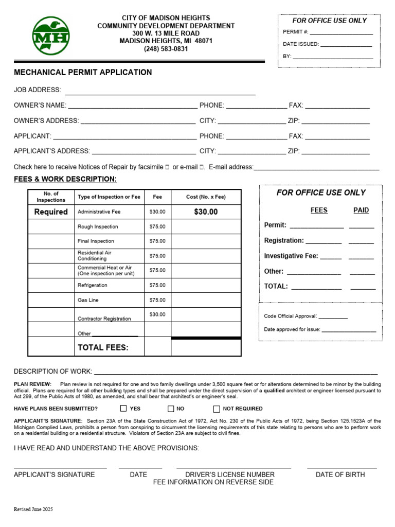 Mechanical Permit 06.30.2025 - fillable_202507070827135806 | PDF | Fee