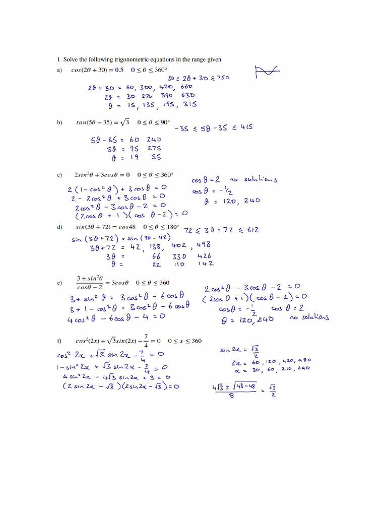 TMUA Trigonometry - Worksheet SOLUTIONS | PDF