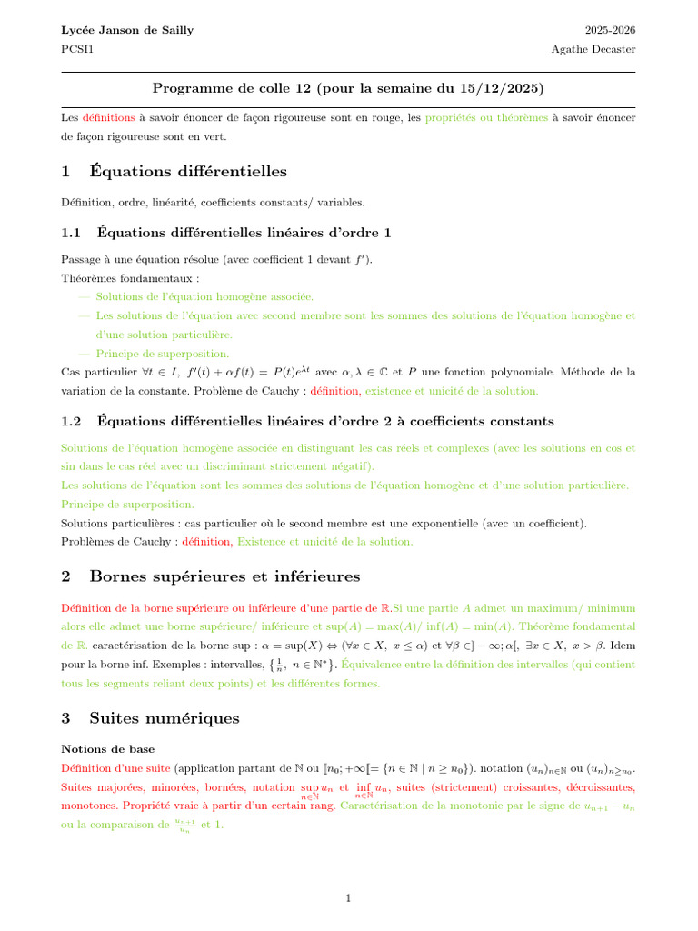 Programme de colle PCSI1 2025-2026 | PDF | Limite (mathématiques ...