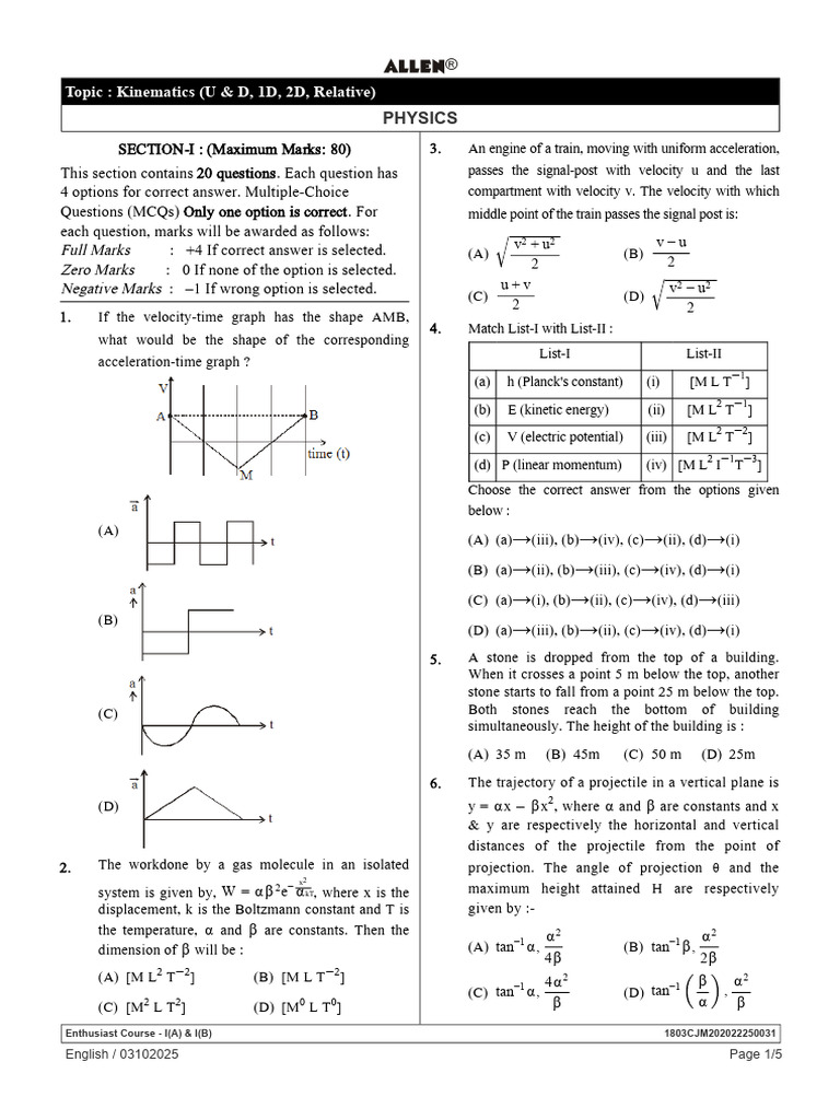0410_Kinematics (U&D, 1D, 2D, Relative)_FINAL | PDF | Velocity ...