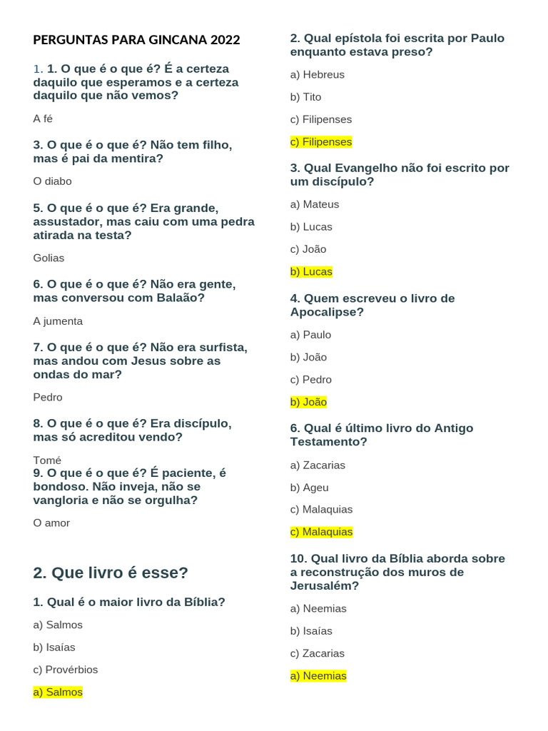 Perguntas Bíblicas para Gincana 2022 | PDF | Gênesis (livro) | Jesus