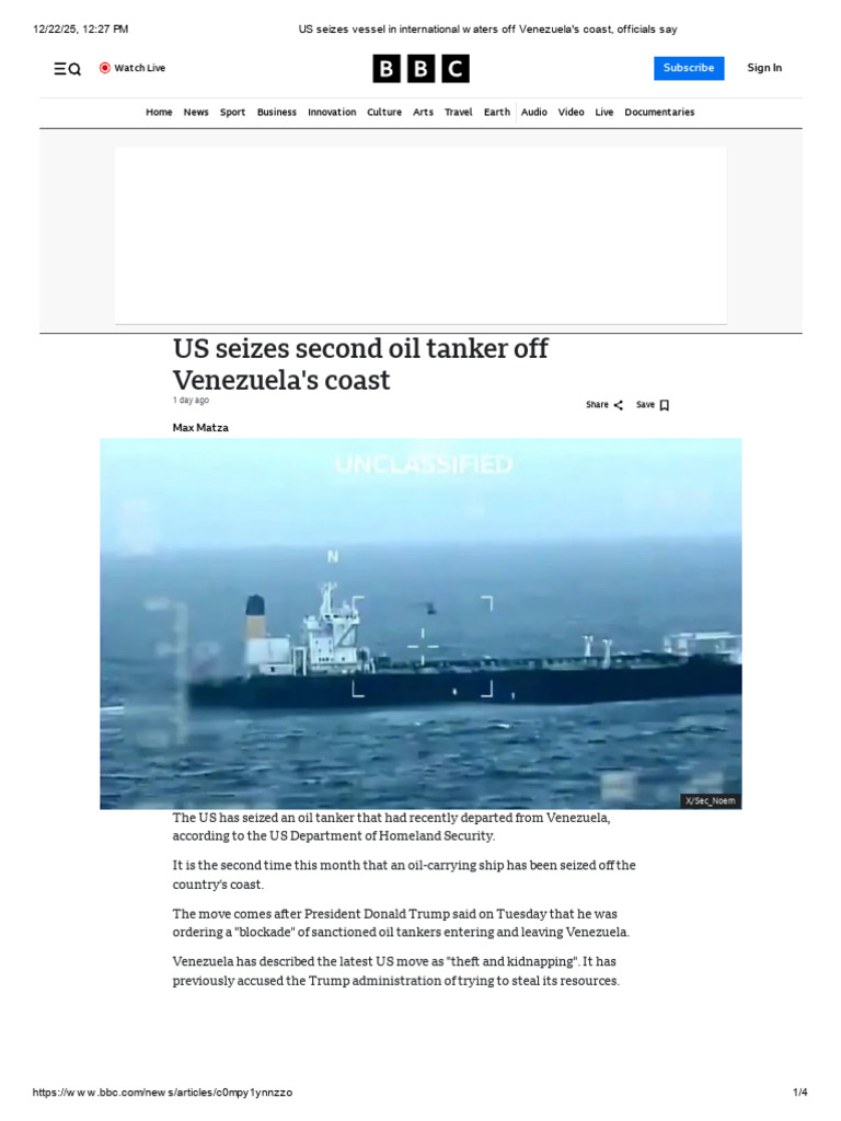 US Seizes Vessel in International Waters Off Venezuela's Coast ...