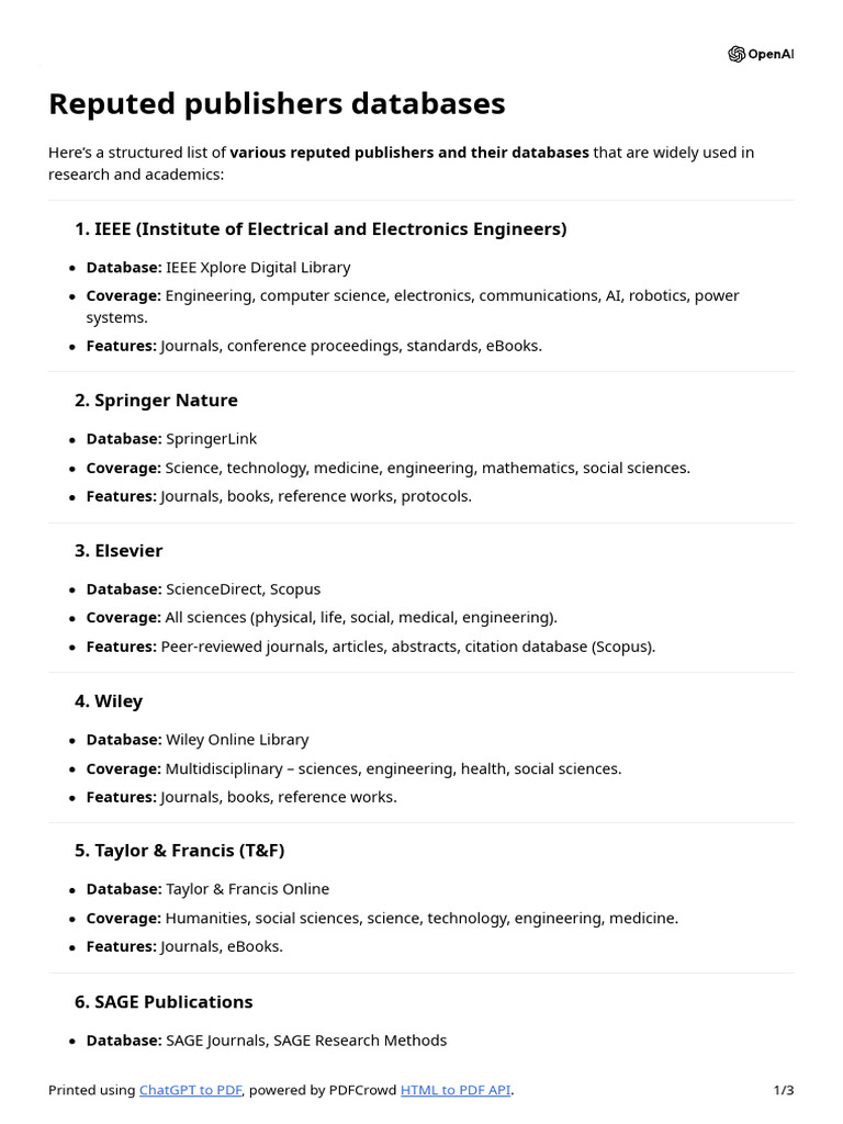 Reputed Publishers and Their Databases | PDF | Databases | Science