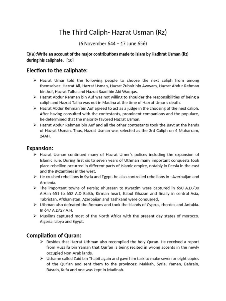 Contributions of Hazrat Usman (Rz) | PDF | Umar | Ali