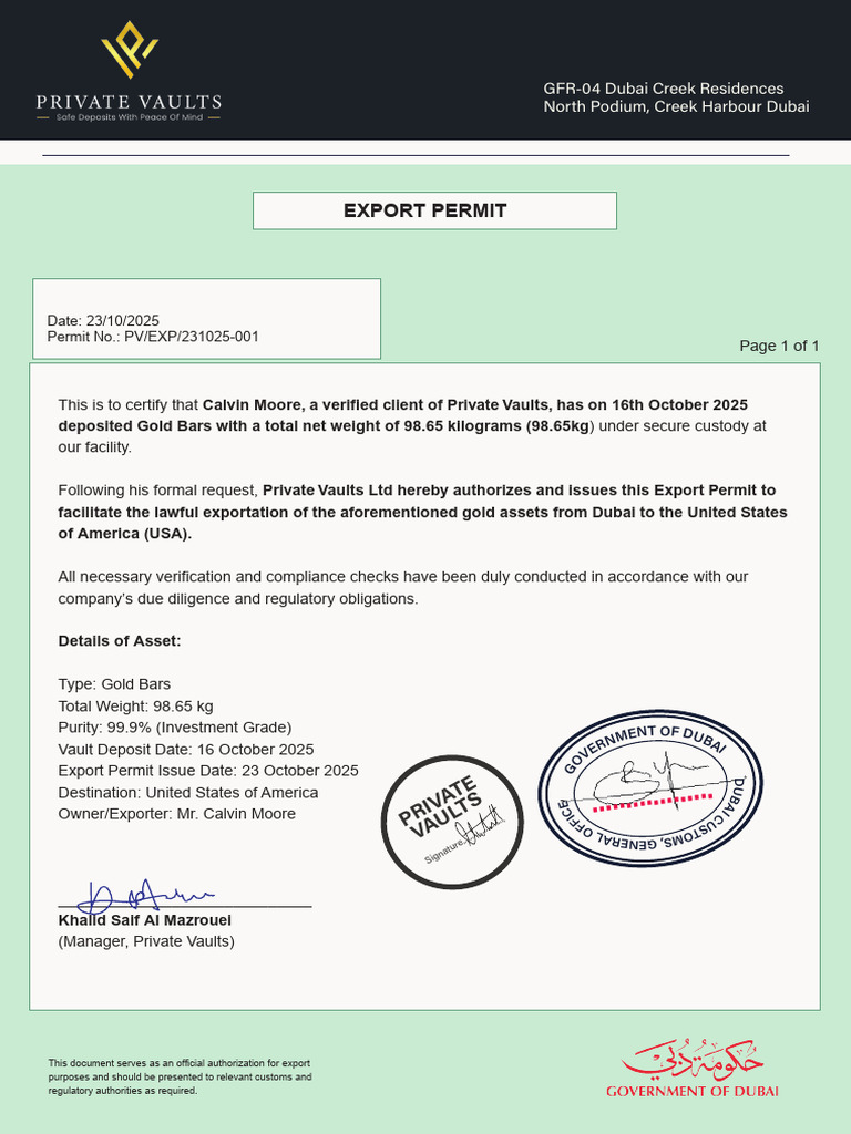 Gold Export Permit for Calvin Moore | PDF | Business