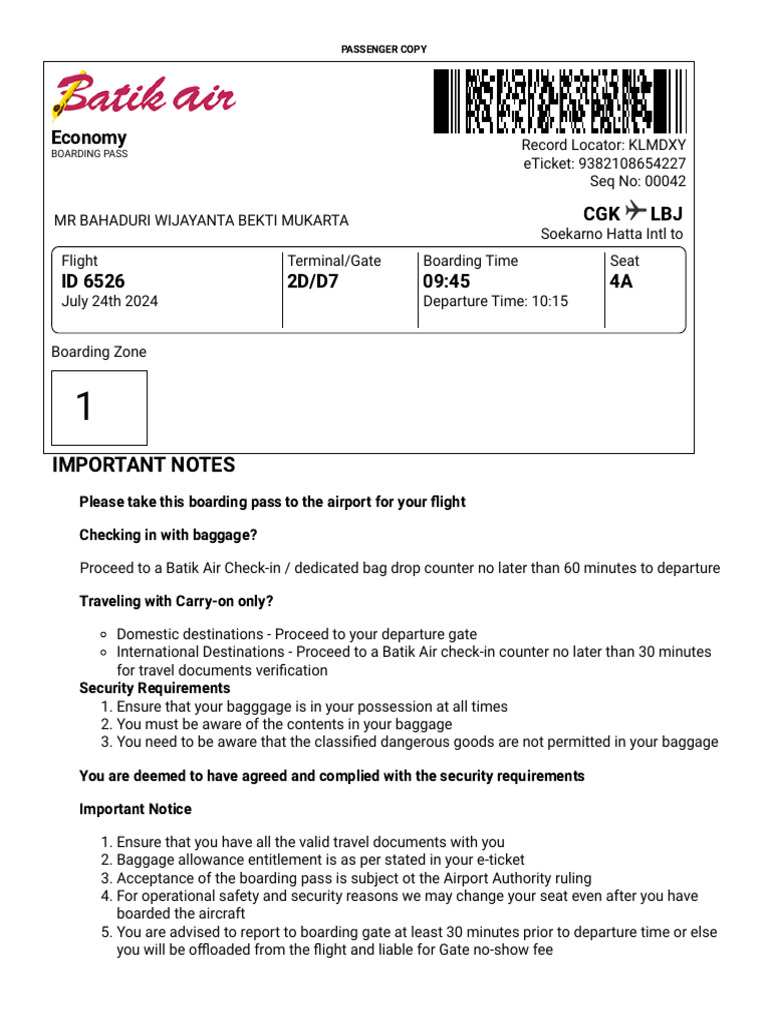 Batik Air Boarding Pass Details | PDF | Aviation