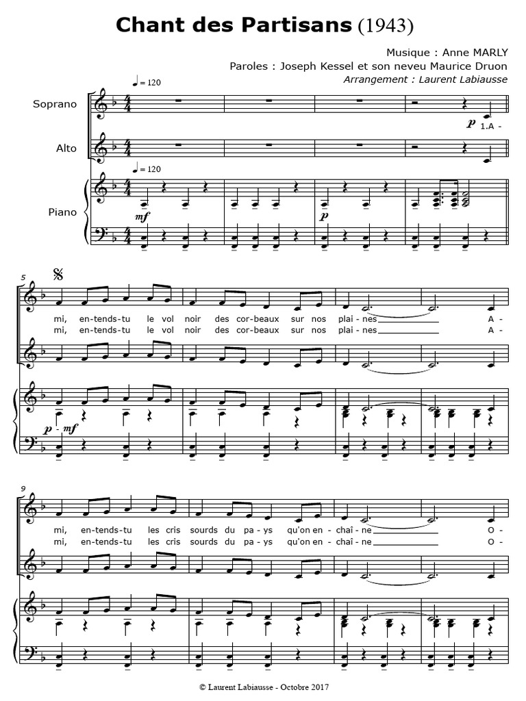 Chant des Partisans - Partition et Paroles | PDF | Chansons françaises ...