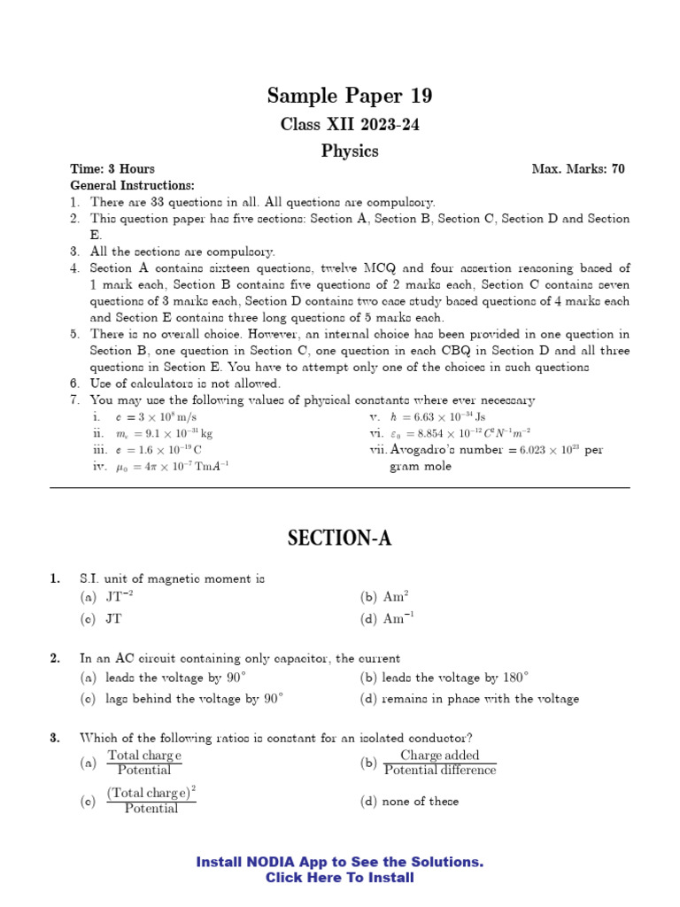 CBSE Class 12 Physics Sample Paper 19 | PDF | P–N Junction ...