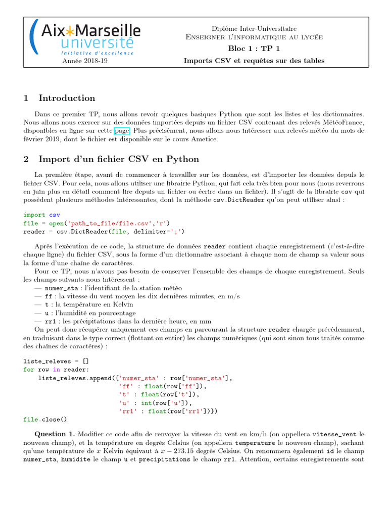 TP Python : Analyse de données météo CSV | PDF | Fichier informatique ...