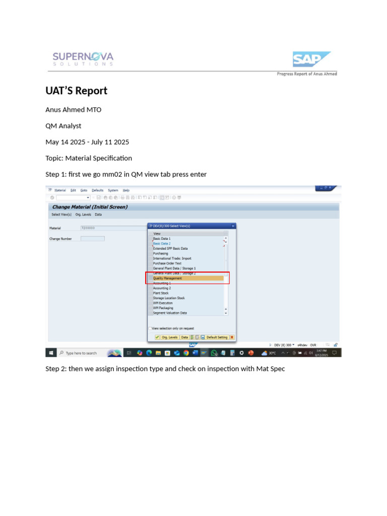 UAT Report: Material Specification Process | PDF
