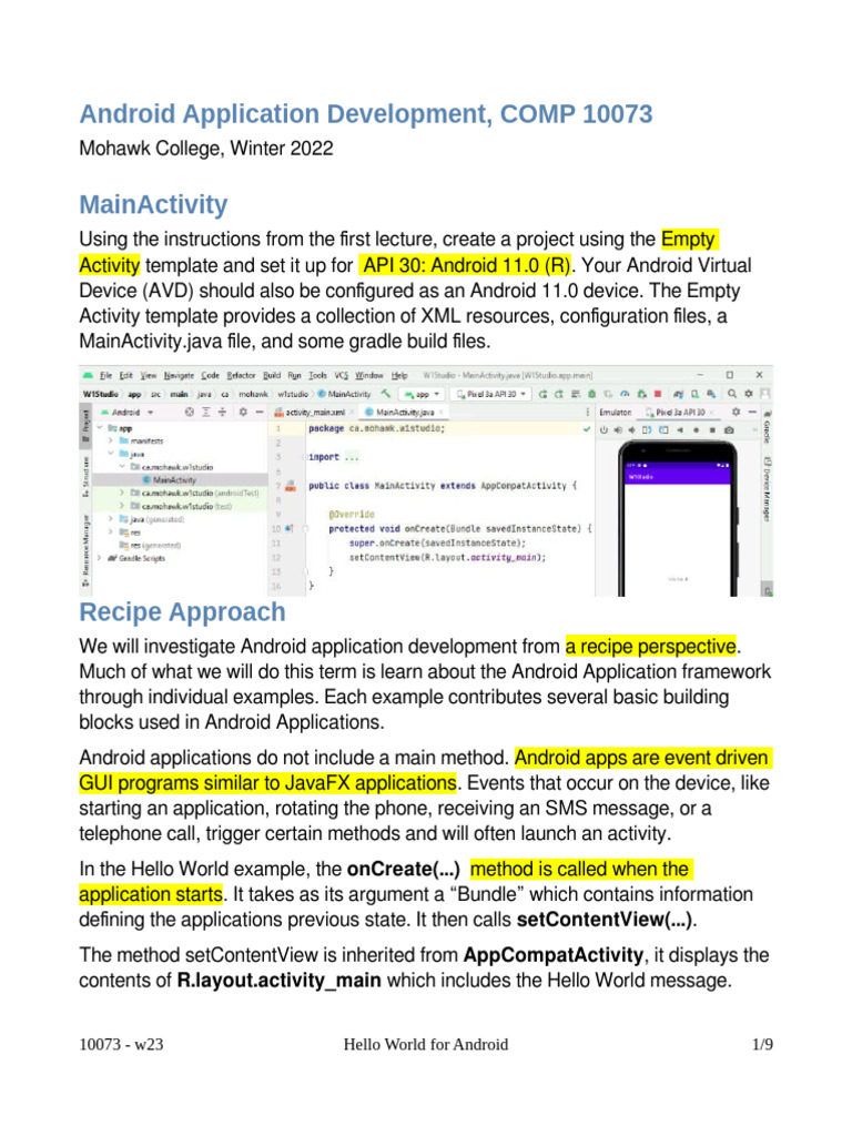 Android Week2 Lect1 HelloWorld w23 | PDF | Android (Operating System ...