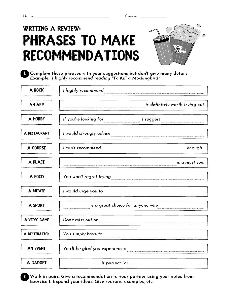 Black & White Sketchy Making Recommendations in Reviews Worksheet | PDF