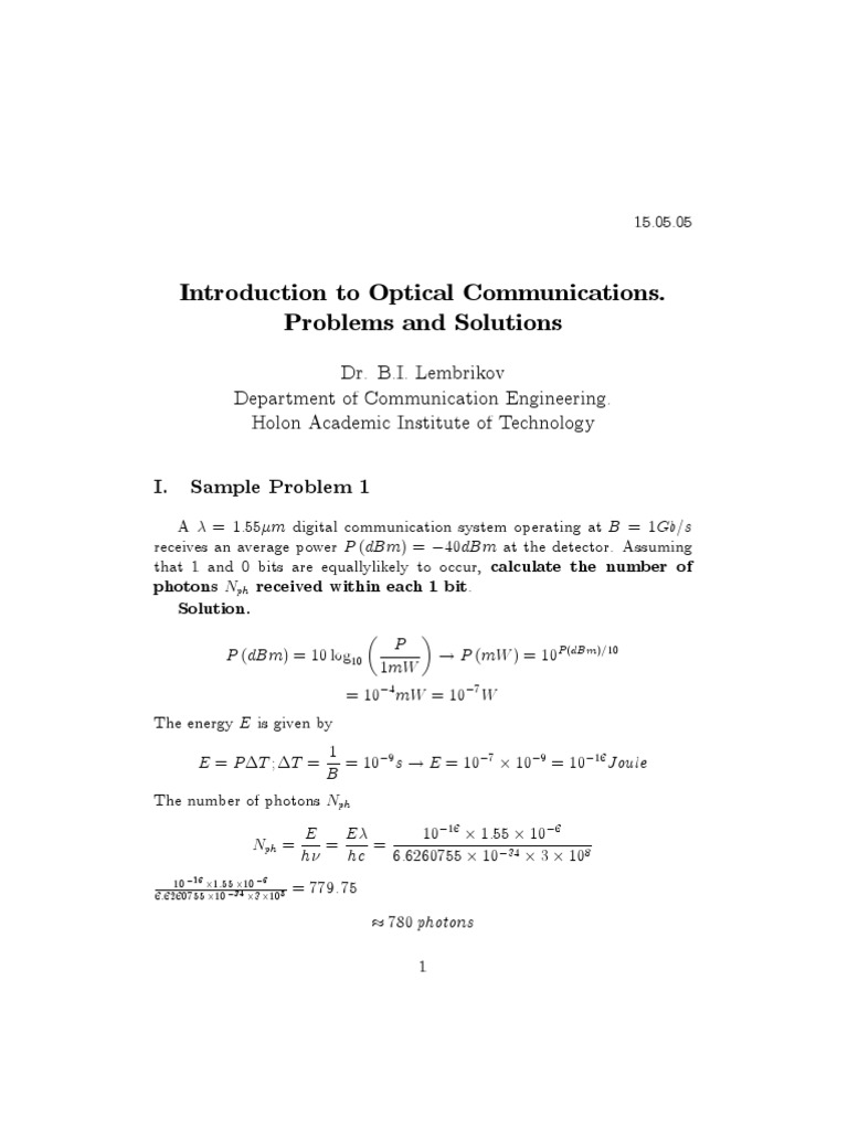 Optical Communications Analysis of Sample Problems Involving Optical