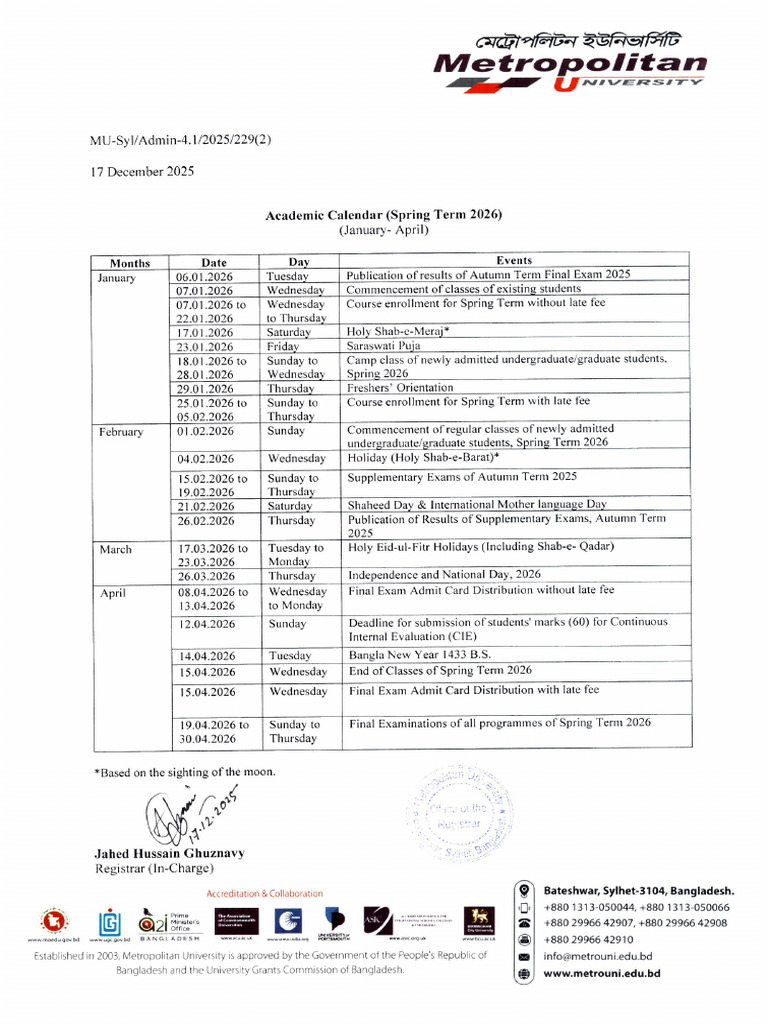 Academic Calendar - Spring Term 2026 | PDF