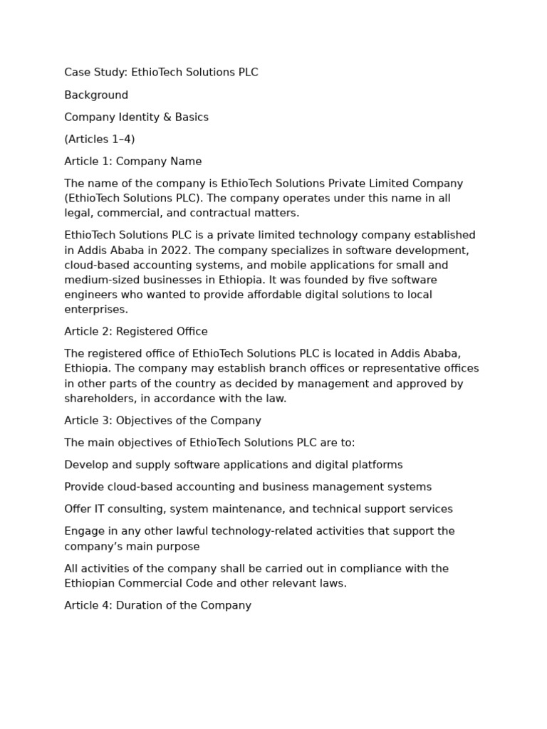 EthioTech Solutions PLC: A Tech Case Study | PDF | Companies | Shareholders