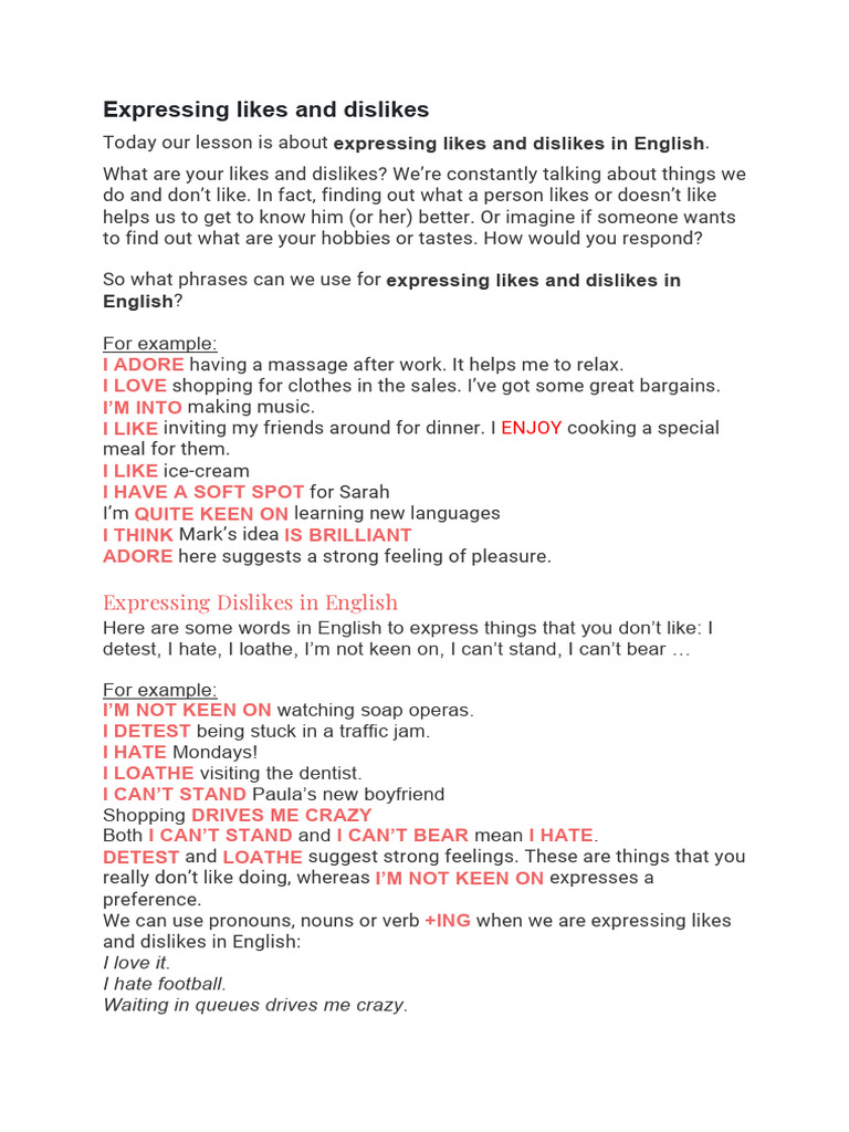 Expressing Likes and Dislikes in English | PDF