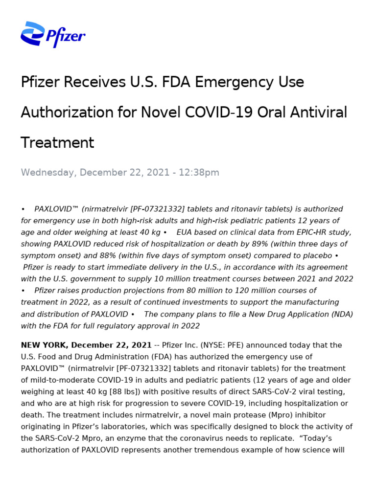 Pfizer Receives US FDA Emergency Use Authorization for Novel COVID19 ...