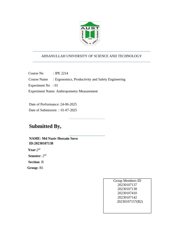 Suvo Lab Report Ergonomics 01 | PDF | Anthropometry | Percentile