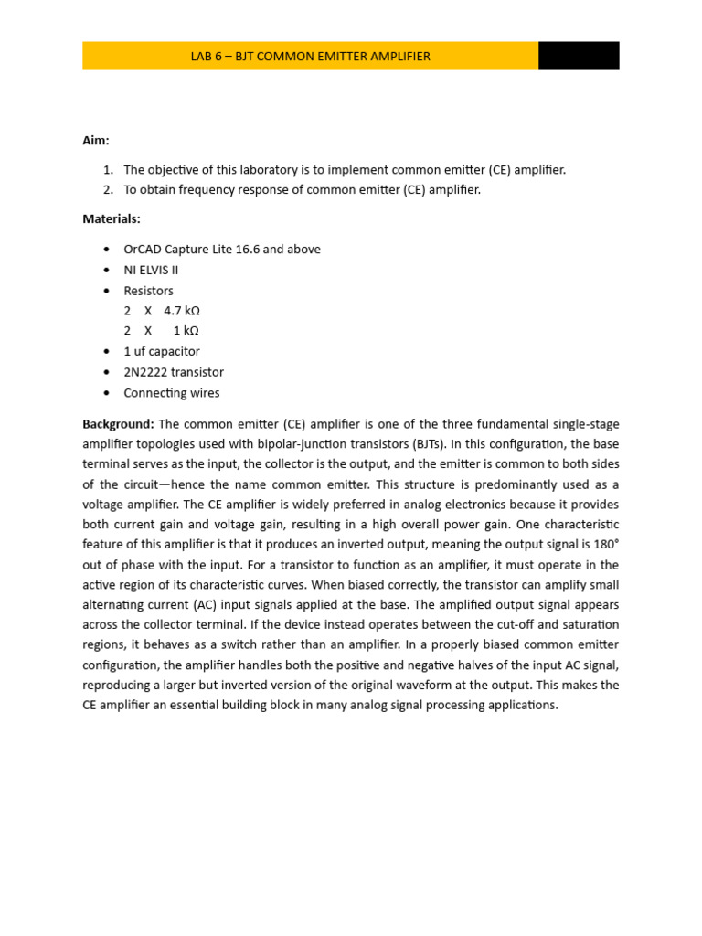 BJT Common Emitter Amplifier Lab | PDF | Amplifier | Bipolar Junction ...