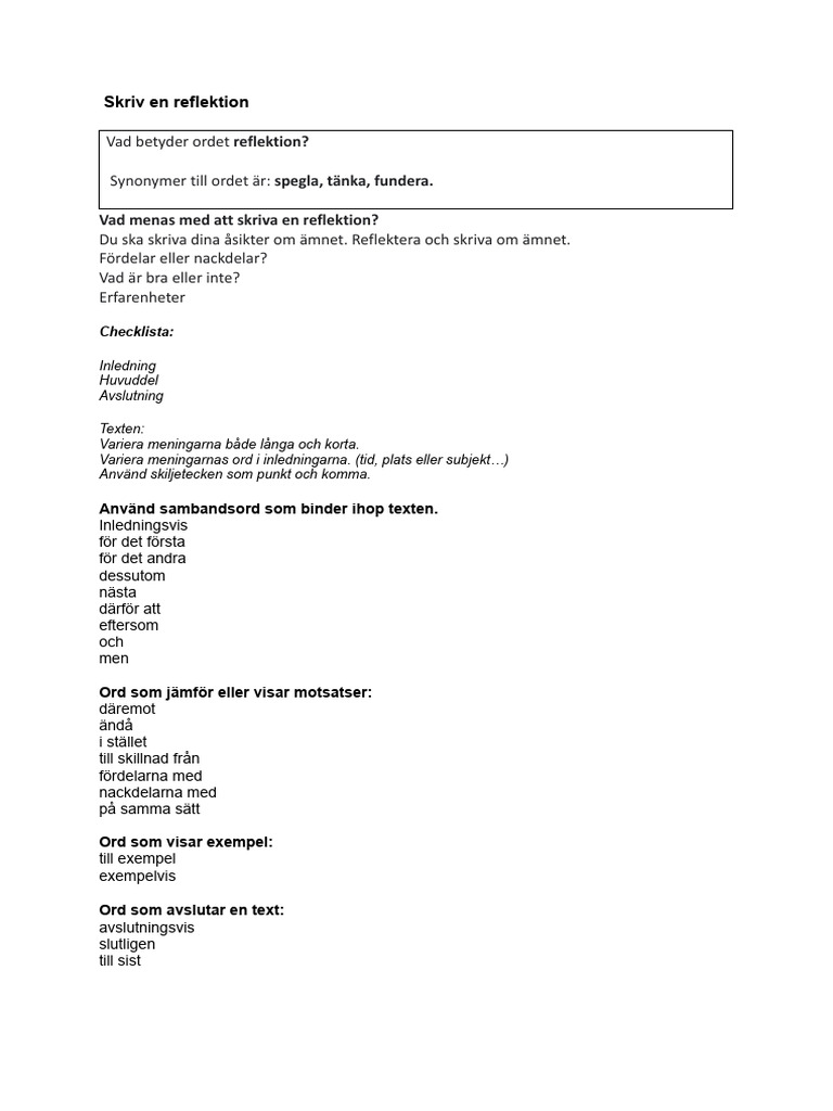 Instruktion Till en Reflekterande Text Med Sambandsord | PDF