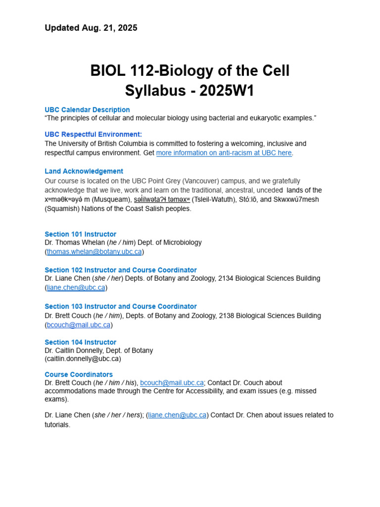 UBC BIOL 112 Cell Biology Syllabus 2025 | PDF | Academic Dishonesty ...
