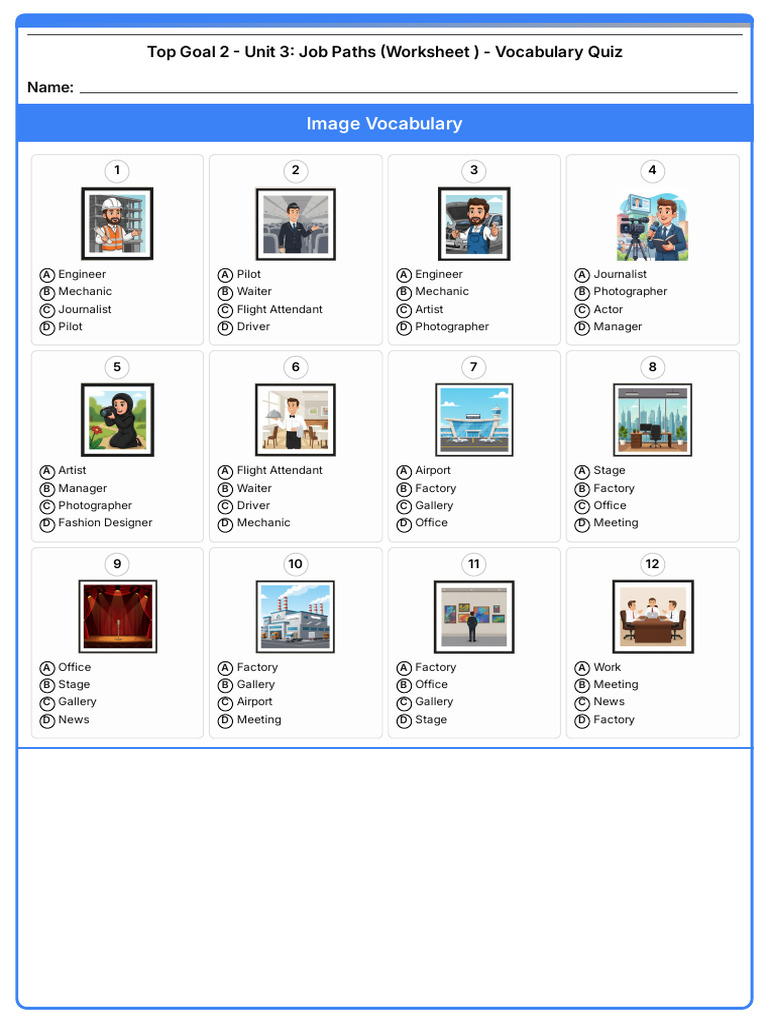 Top Goal 2 Unit 3 Job Paths Worksheet Vocabulary Quiz Worksheet | PDF