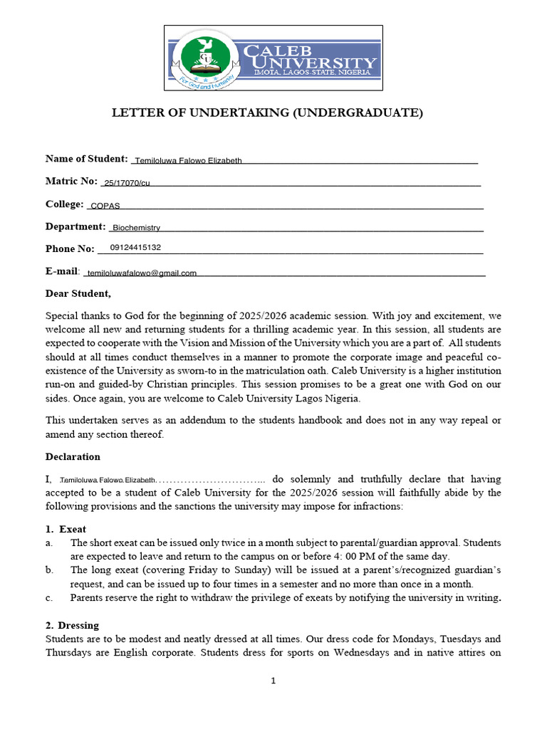 Caleb University Undertaking for Students | PDF