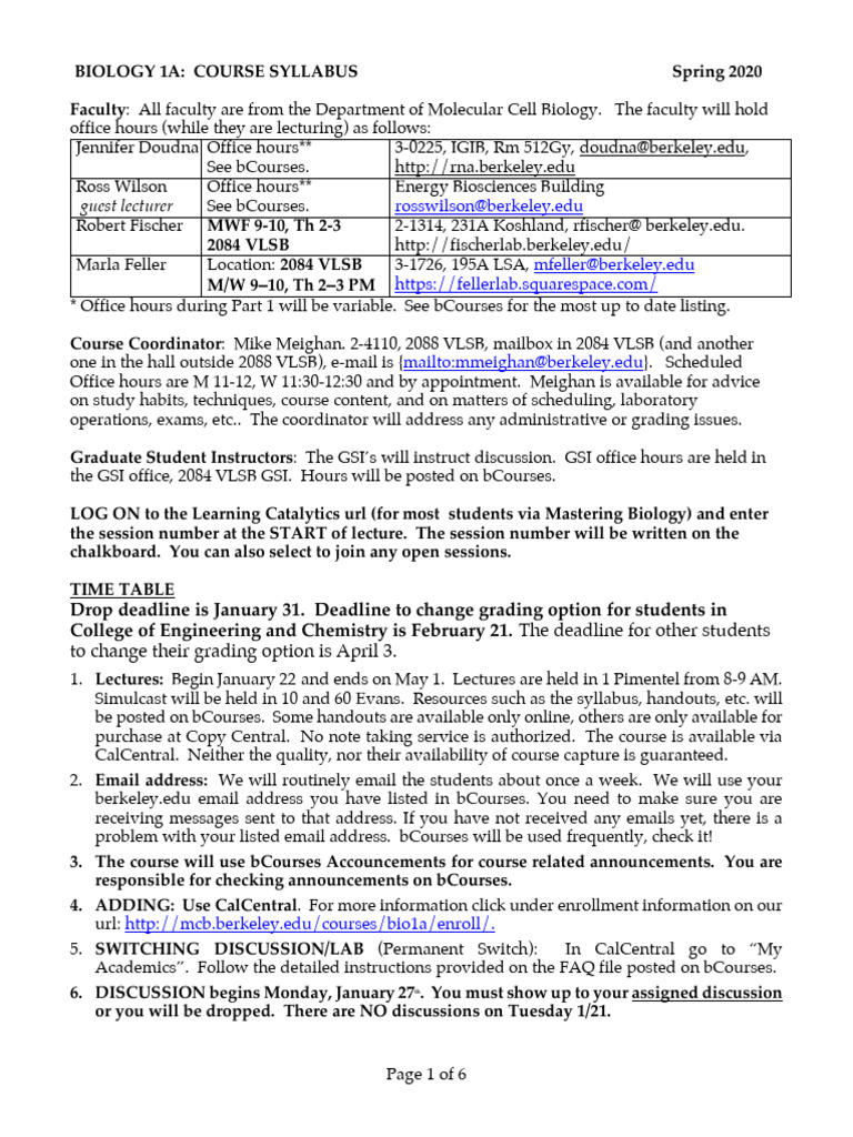 Biology 1A Course Syllabus Spring 2020 | PDF | Regulation Of Gene ...