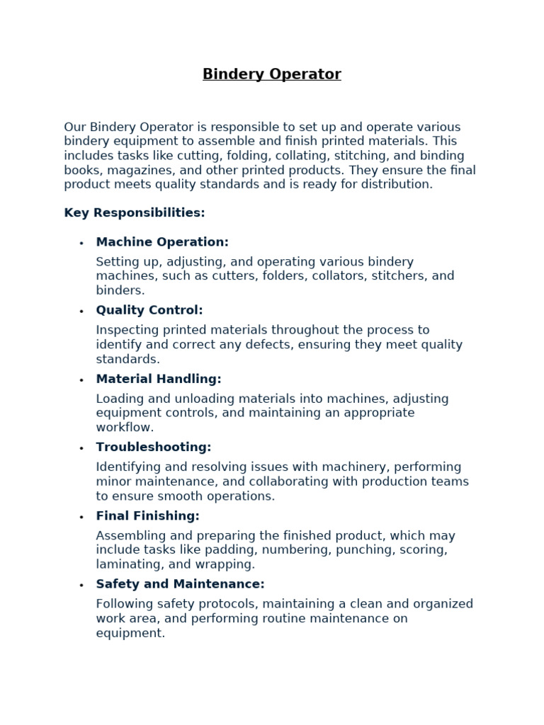 Bindery Operator Job Description | PDF