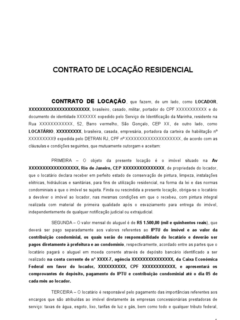 MODELO DE CONTRATO DE LOCAÇÃO RESIDENCIAL