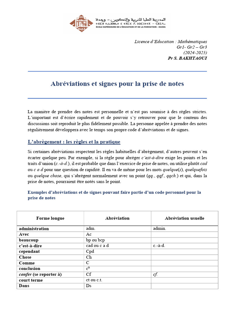 Abréviations et signes pour notes efficaces | PDF | Vocabulaire ...