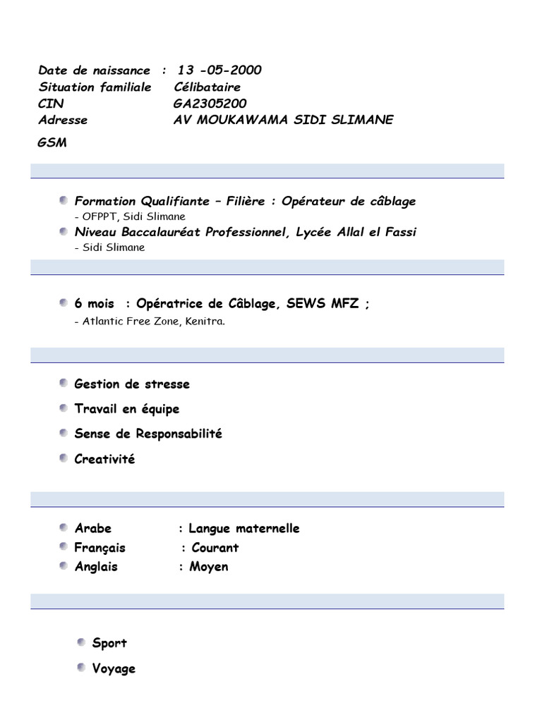 CV d'Ouiam Ait Brahim - Opératrice Câblage | PDF