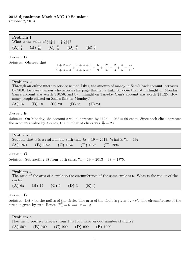 AMC 10 Mock Solutions 2013 | PDF | Elementary Mathematics | Geometry