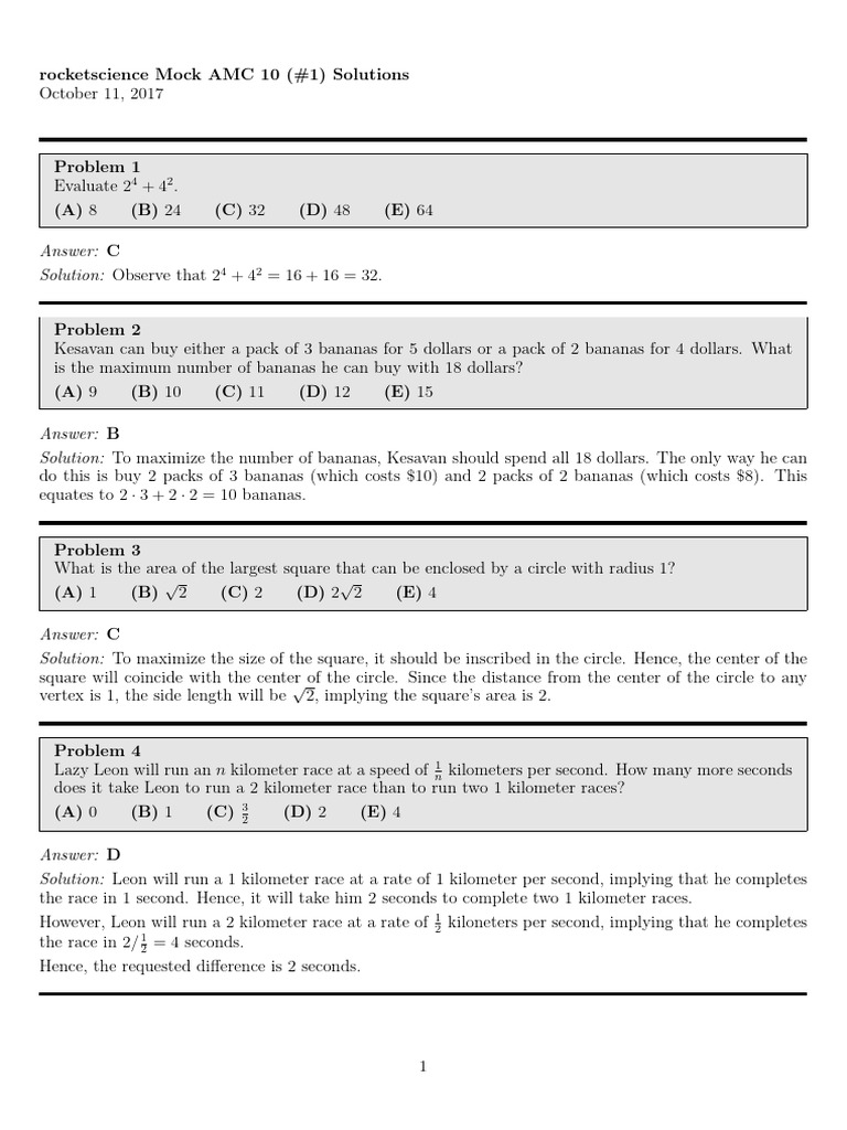 AMC 10 Mock Test Solutions | PDF | Circle | Mathematics
